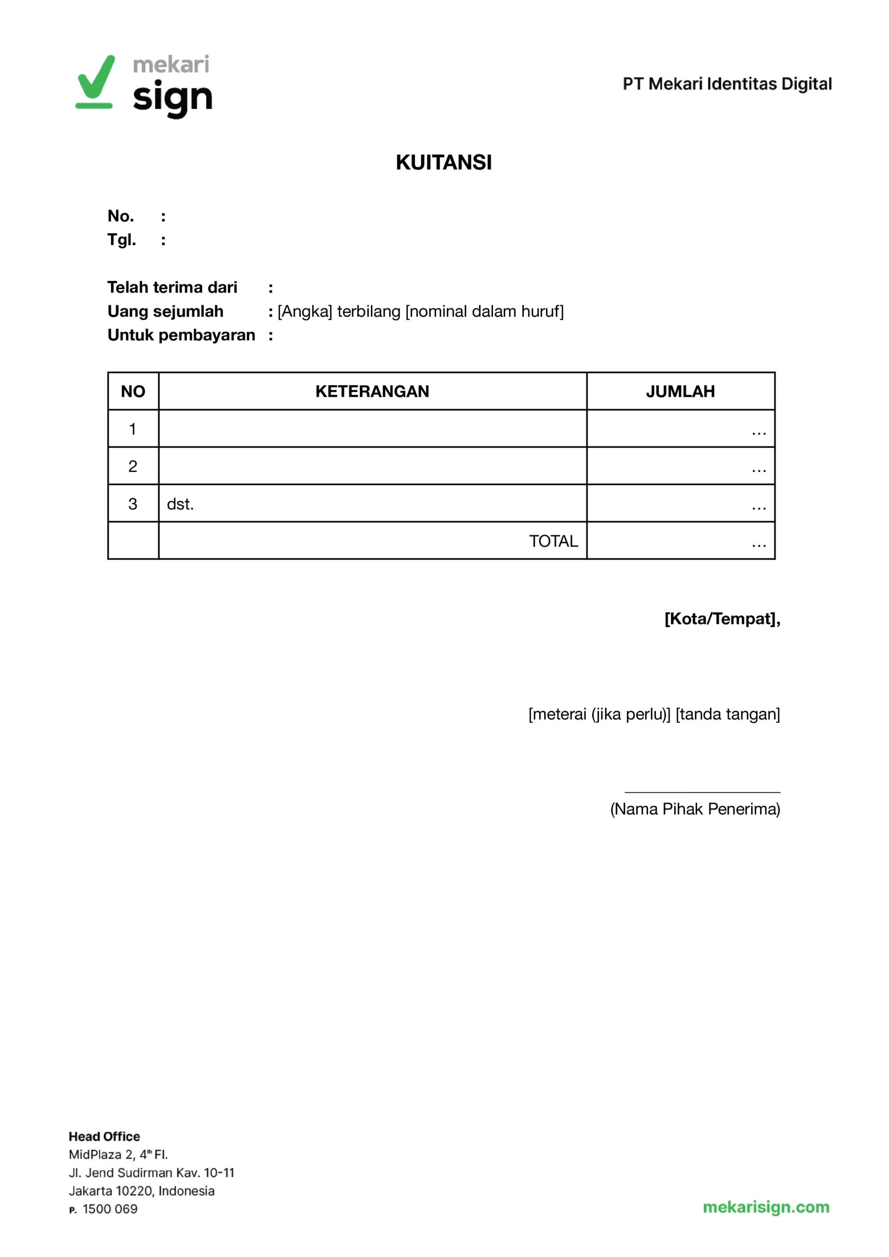 contoh kuitansi kosong pembayaran dari mekari sign yang bisa disesuaikan dengan kebutuhan
