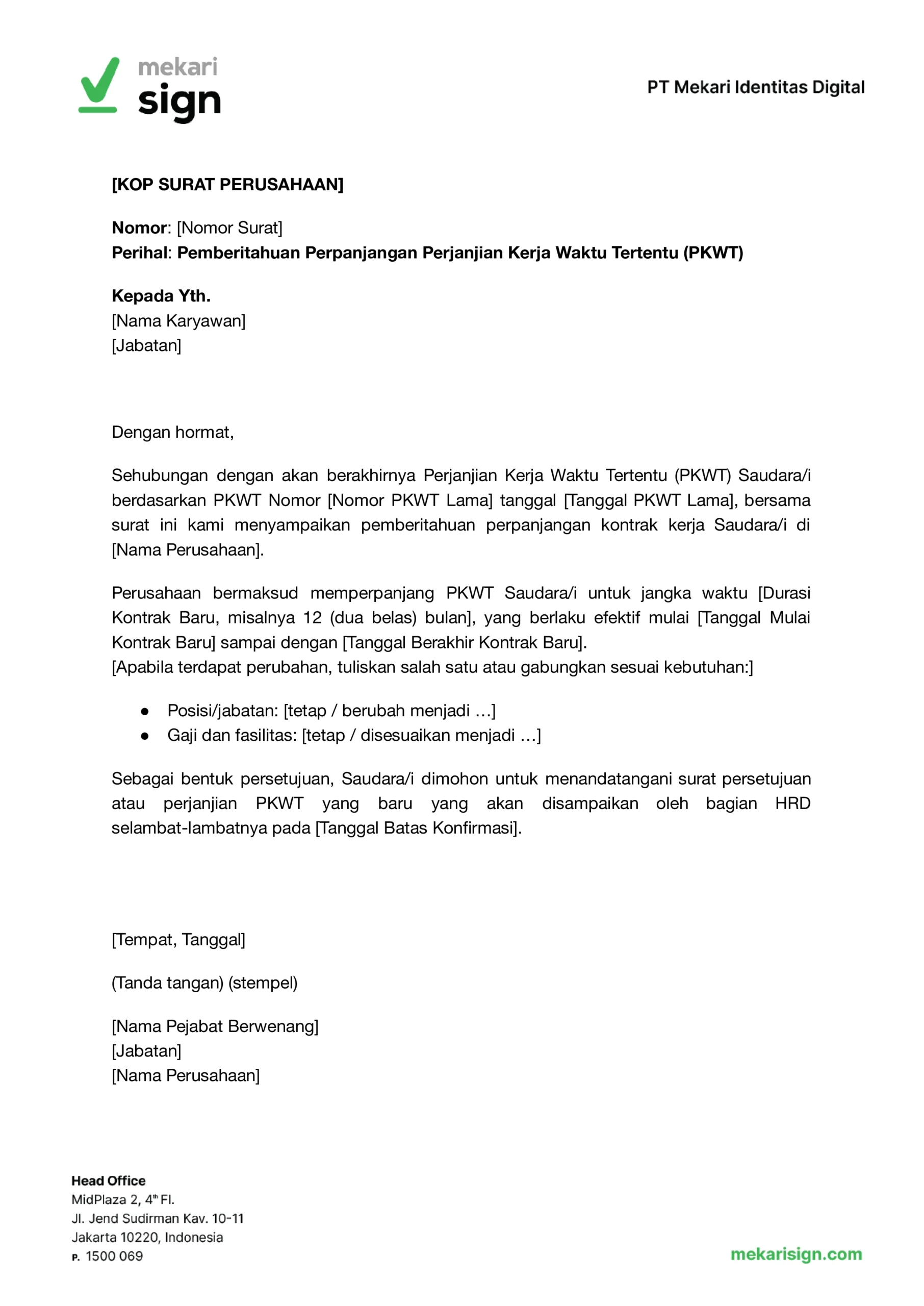 contoh surat perpanjang kontrak (PKWT) untuk karyawan swasta