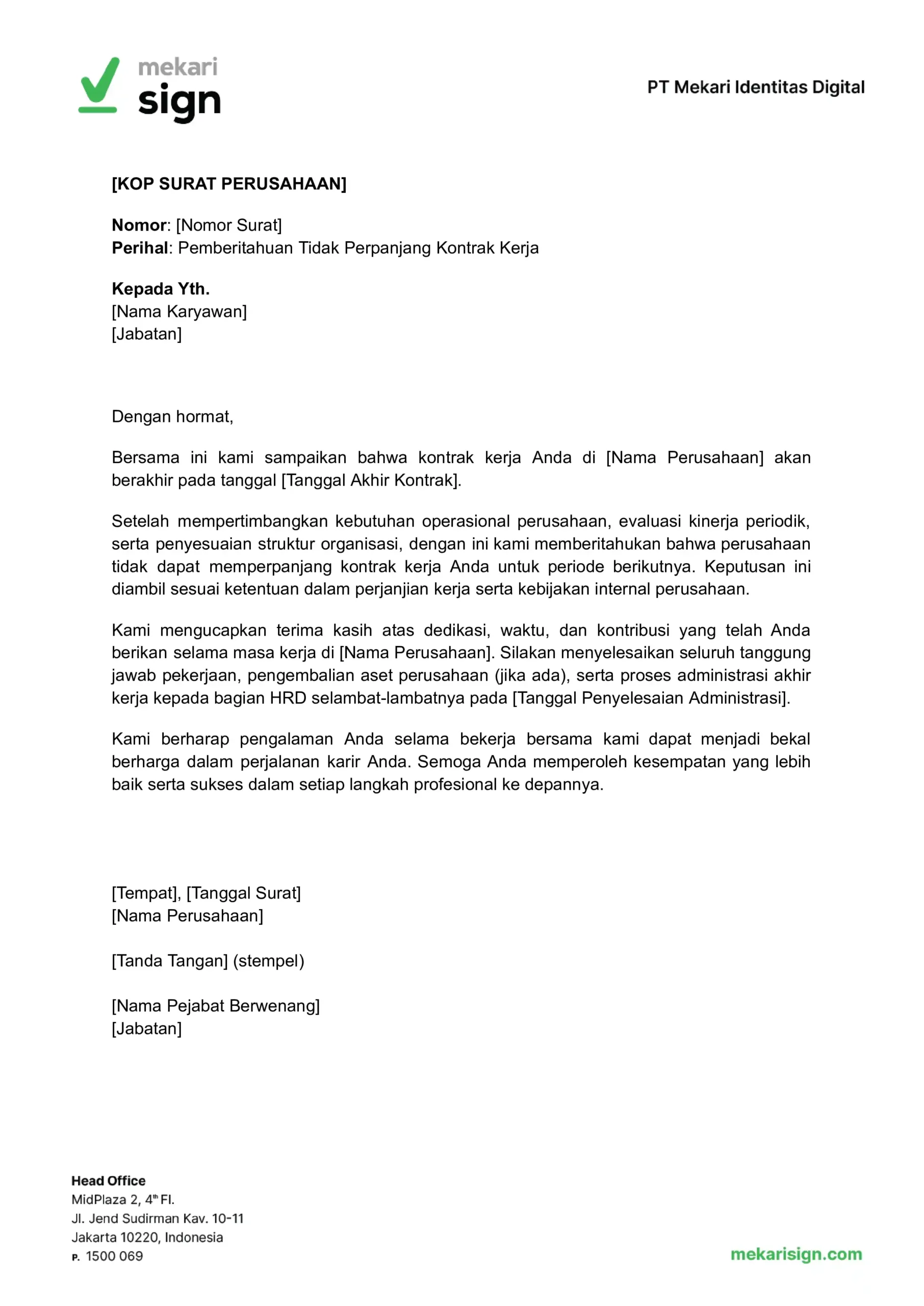 contoh template surat tidak perpanjang kontrak kerja karyawan untuk HRD dari mekari sign