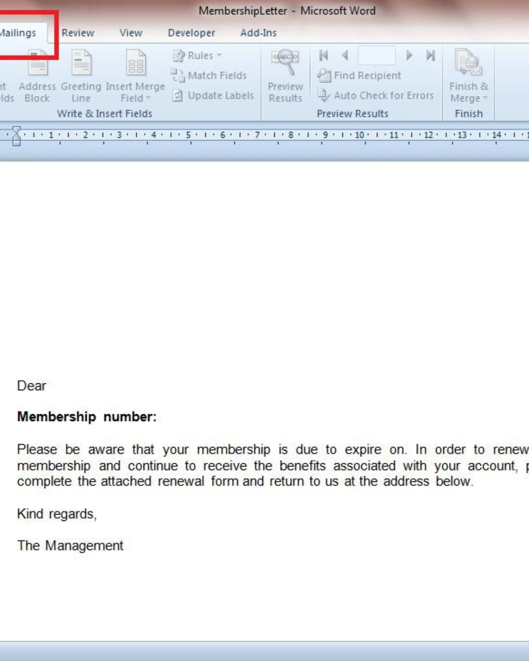 contoh template atau main document di mail merge